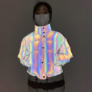 Holographic Women's Reflective Rainbow Down Jacket, Unique Reflective Crop Top Jacket, Outstanding Festival Winter Clothing