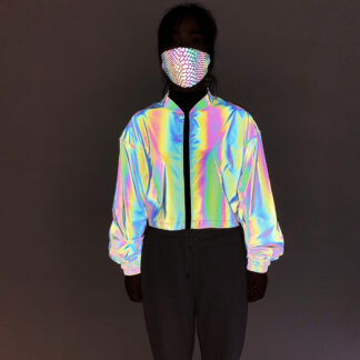 Women's Holographic Reflective Rave Rainbow Casual Stand-up Collar Jacket