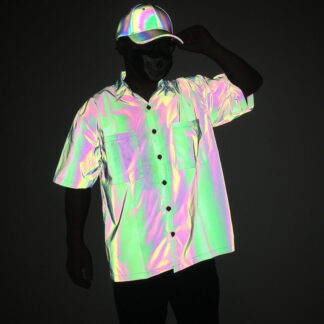 Unisex Holographic Men’s Geometric Men Short Sleeve Shirt Street Hip Hop Punk Blouse Casual Rainbow Reflective Clothing